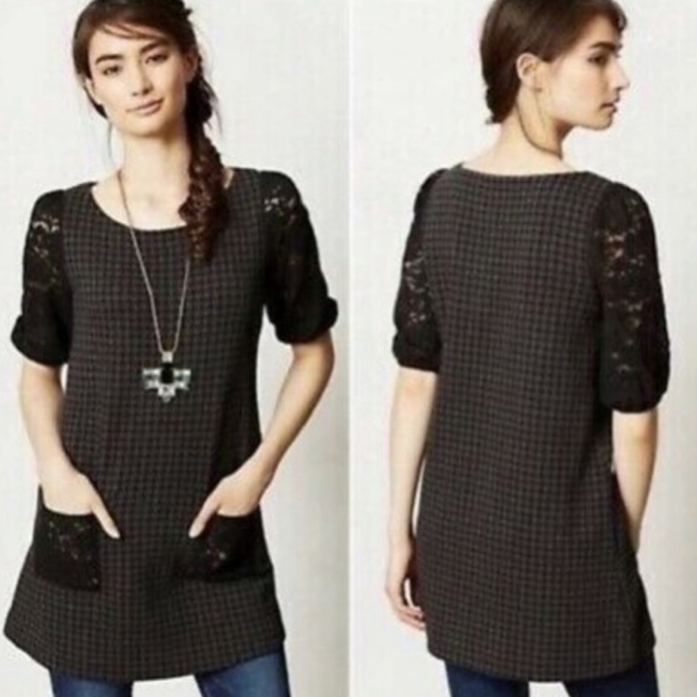 Anthropologie Postmark Houndstooth and Lace Tunic